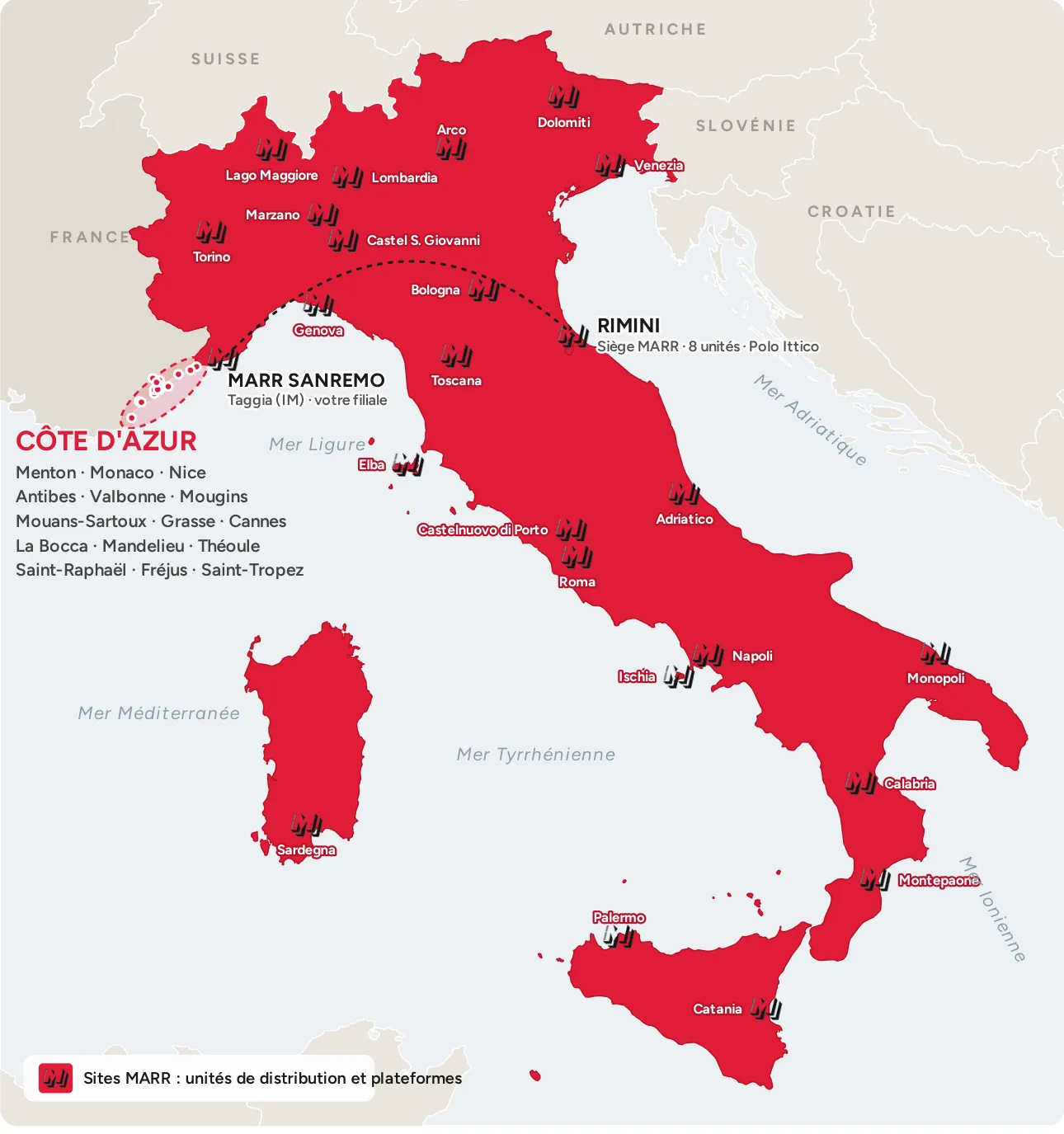 Carte des sites MARR en Italie et de la Côte d'Azur