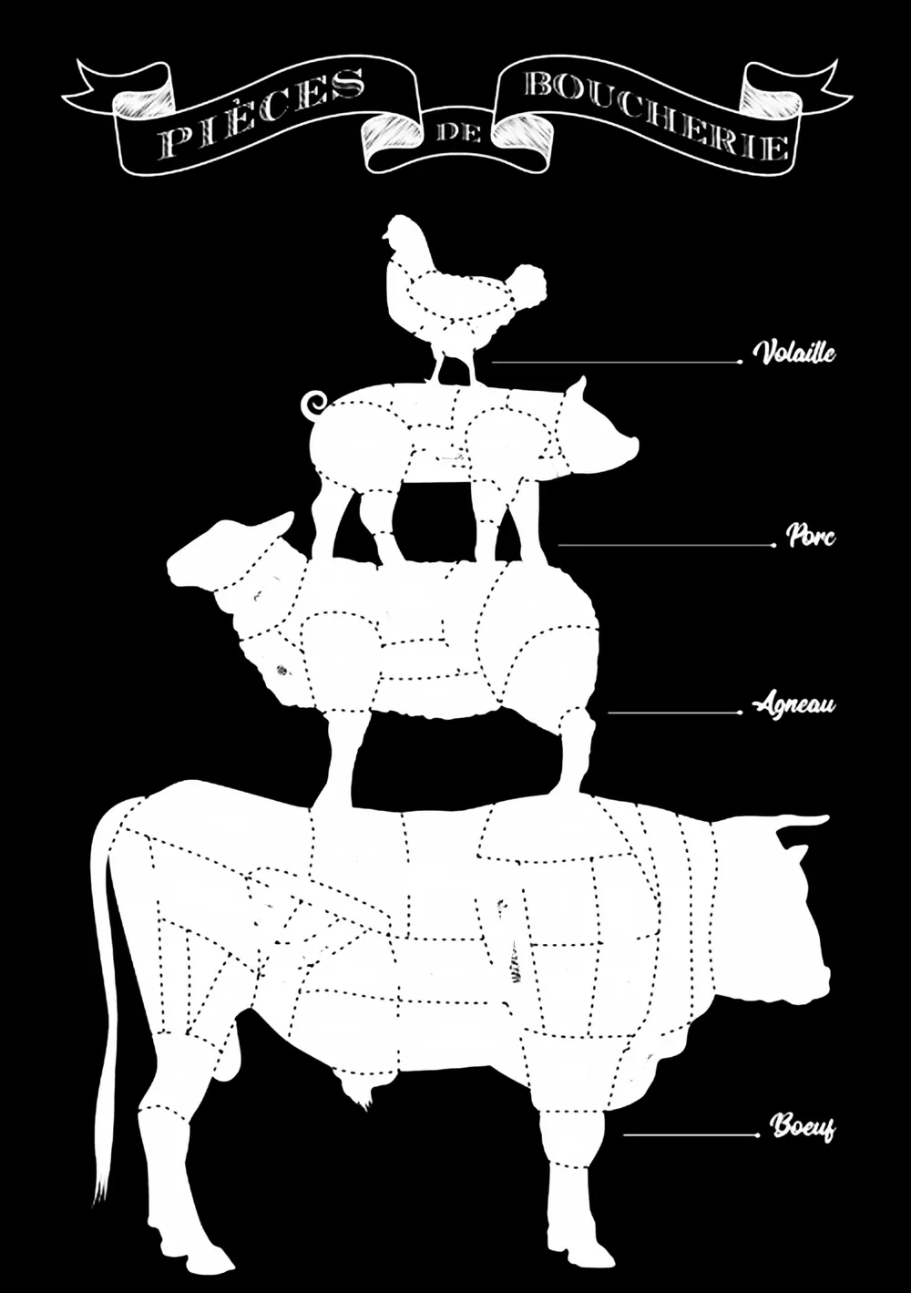 Schéma des pièces de boucherie : volaille, porc, agneau, bœuf